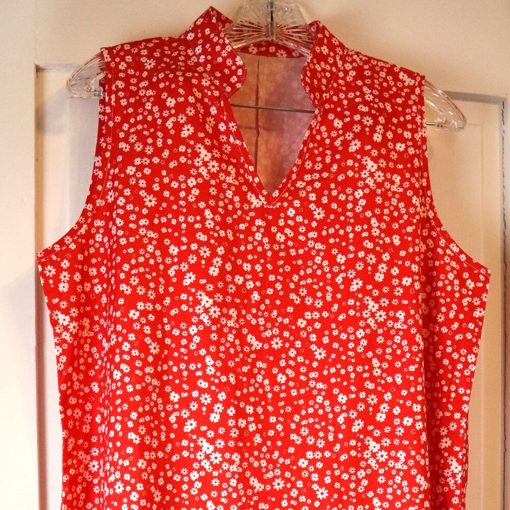 Red White Daisy V-Neck Shift Dress Sundress Polyester Womens Large Dress